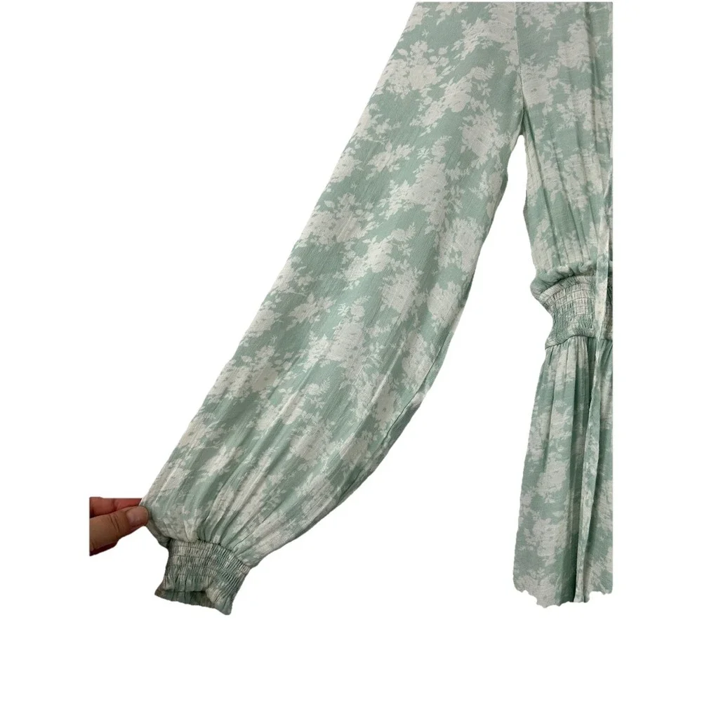 Blu Pepper Sage Green Floral Mini Dress‎ Medium Cottagecore Boho Ruffle Smocked - Picture 5 of 10